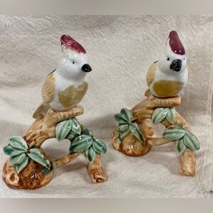 Vintage Japanese Pair Porcelain Birds on Tree branches Green Tan, +- 5” stamped